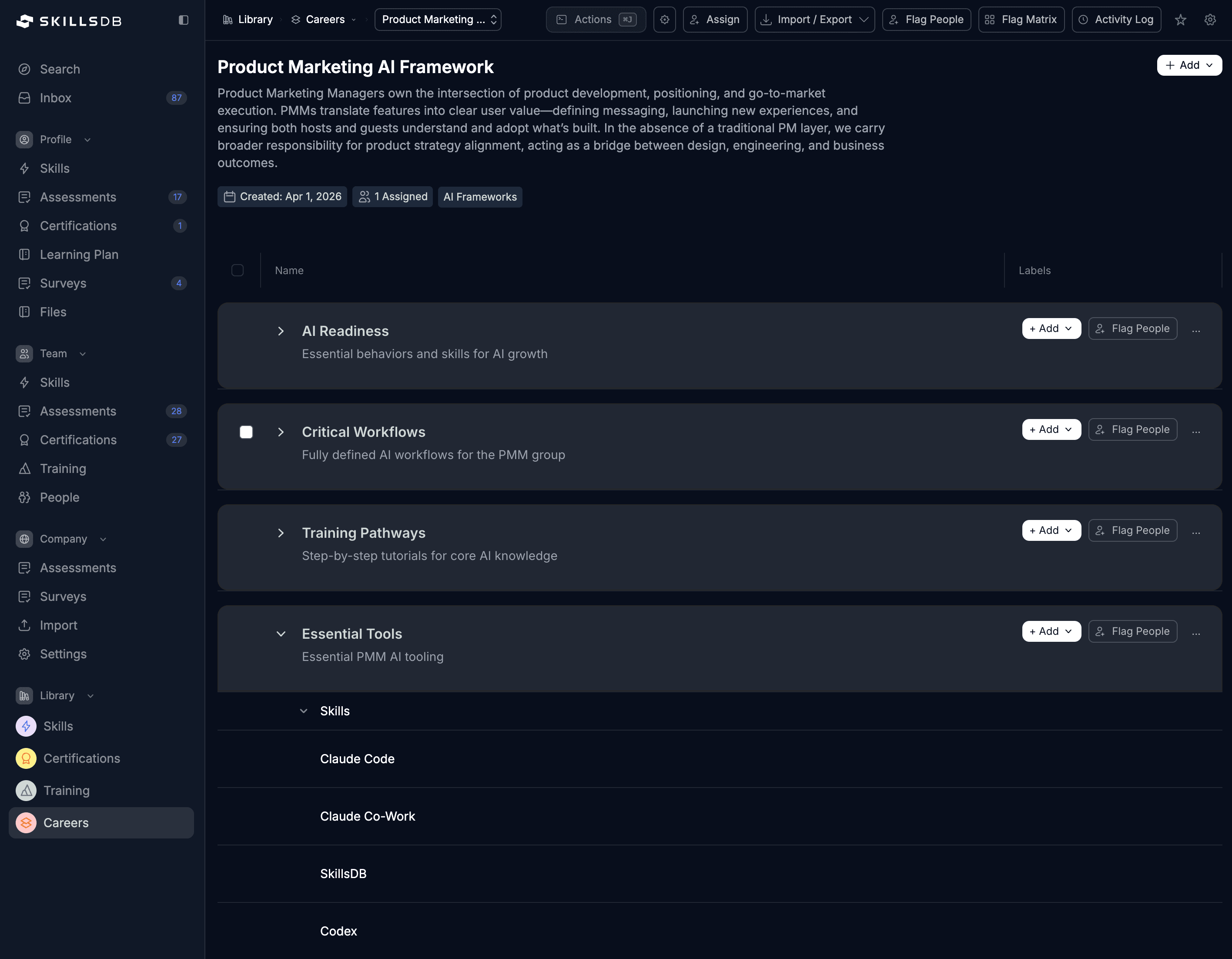 SkillsDB platform screenshot showing AI Framework with skills and training pathways