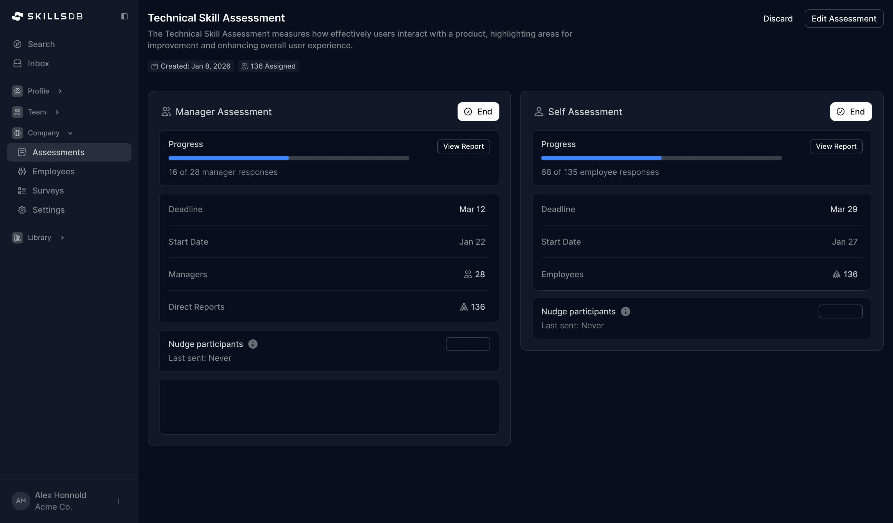 Completed scorecard with AG-Grid table showing Skill name, Employee Grade (green/red GradePills), Manager Grade (GradePills), and Benchmark columns — with the Status filter set to “Variance” highlighting skills where employee and manager disagree