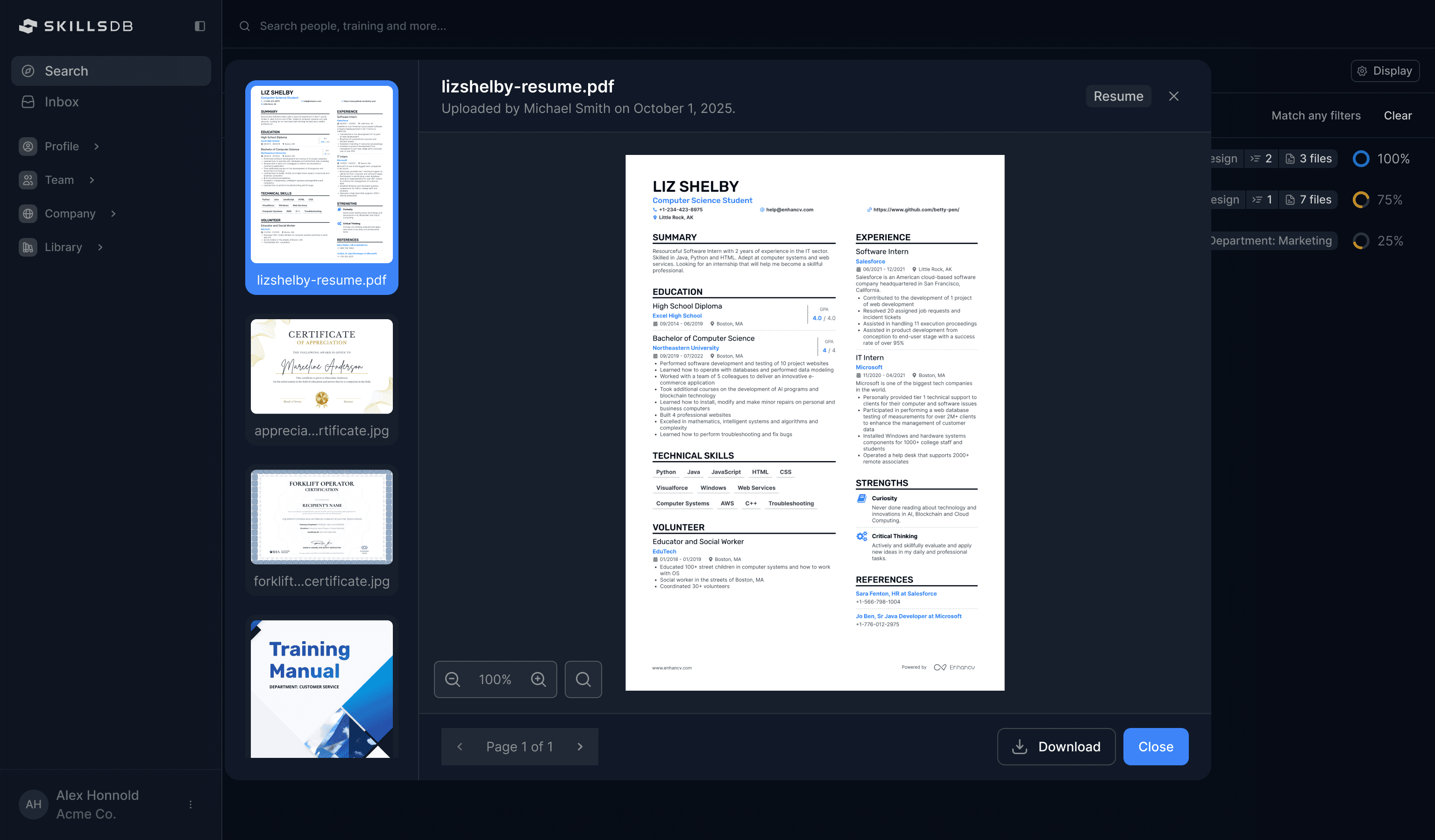 Search page showing the unified search bar with type filters (All, People, Training, Skills, Career, Certifications) and structured filter pills below — demonstrating a multi-criteria people search with match score percentages on results