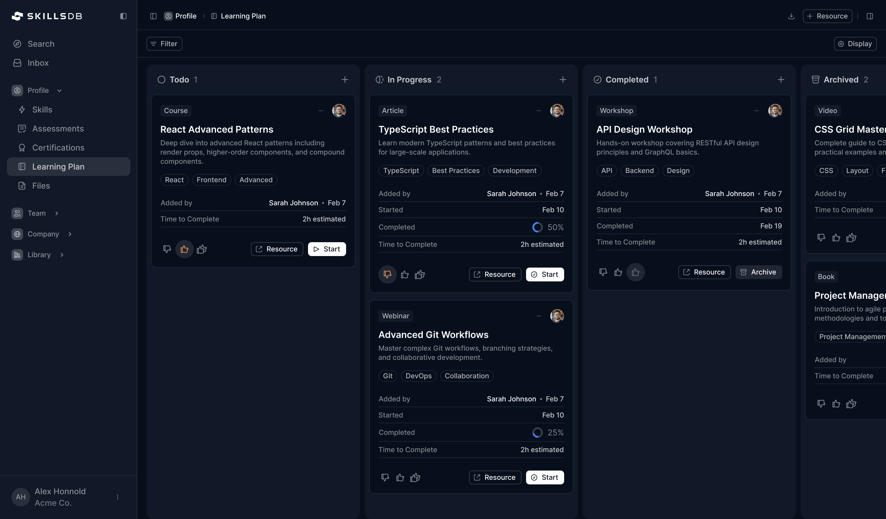 SkillsDB Learning Plan view showing courses and resources organized by progress status