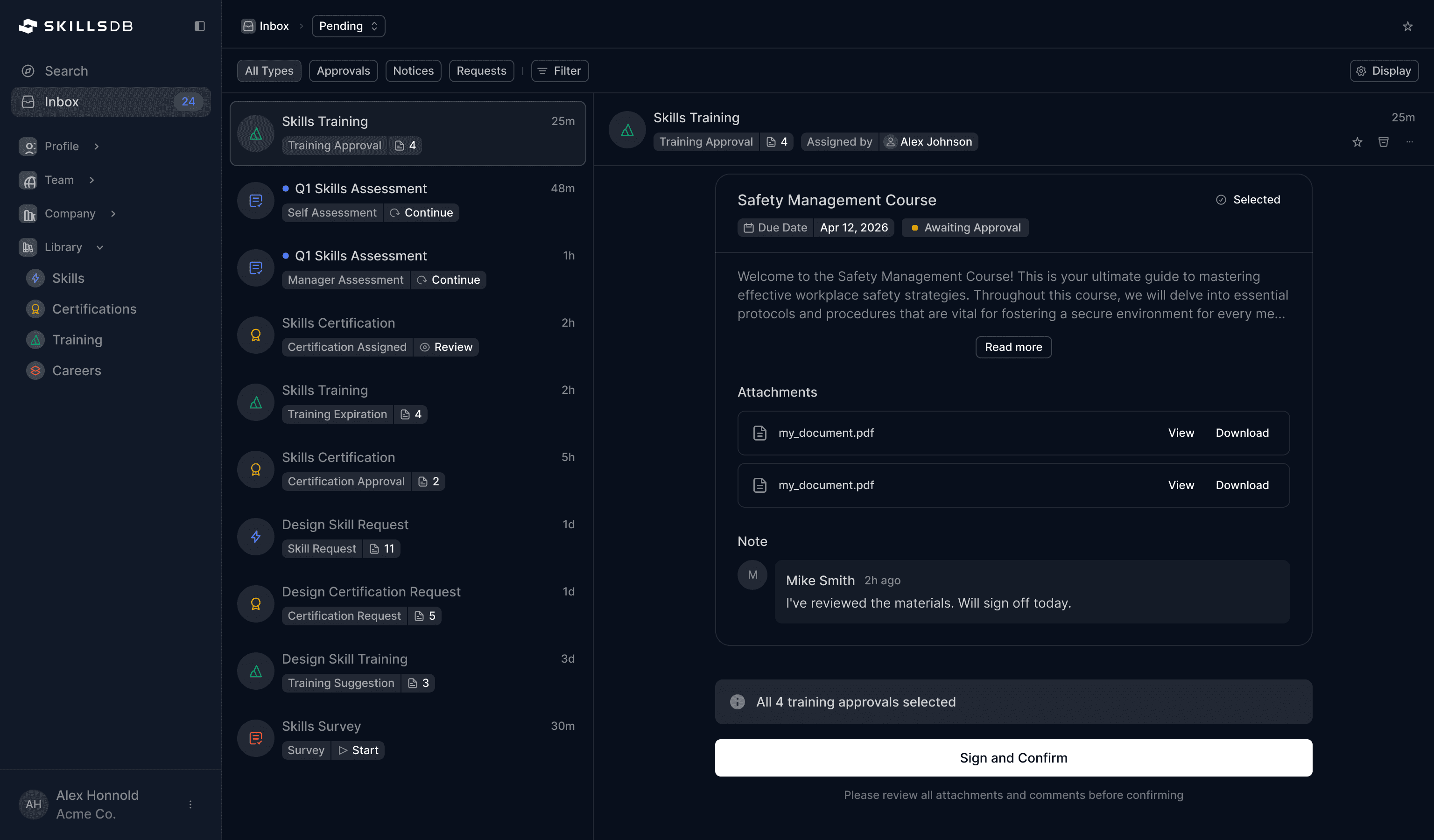 Training approval dialog showing a pending request with employee name, skill name, training date, text evidence, and attached documents — with Approve and Reject buttons at the bottom.